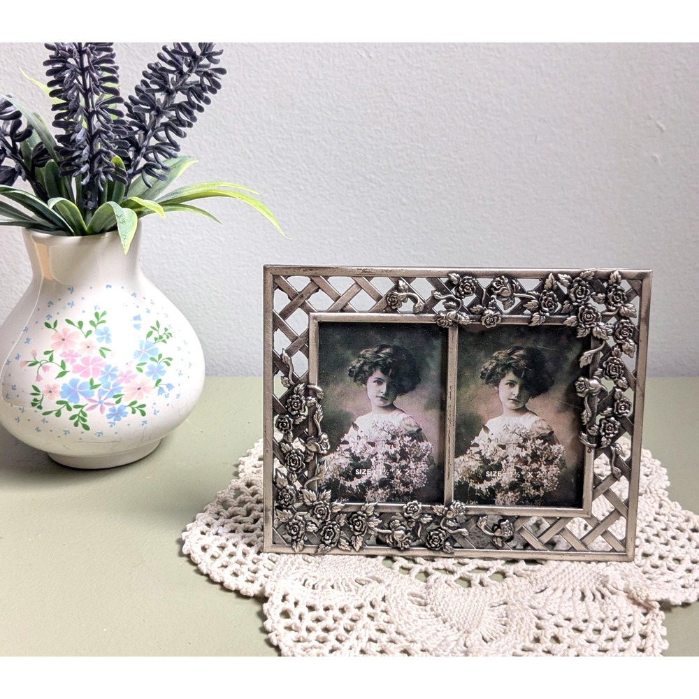Vintage Elby Double Mini Photo Frame Silver Rose Lattice Made Taiwan